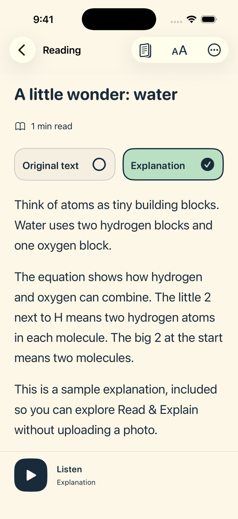 The Explanation tab describes water molecules using tiny building blocks, with the original text one tap away.