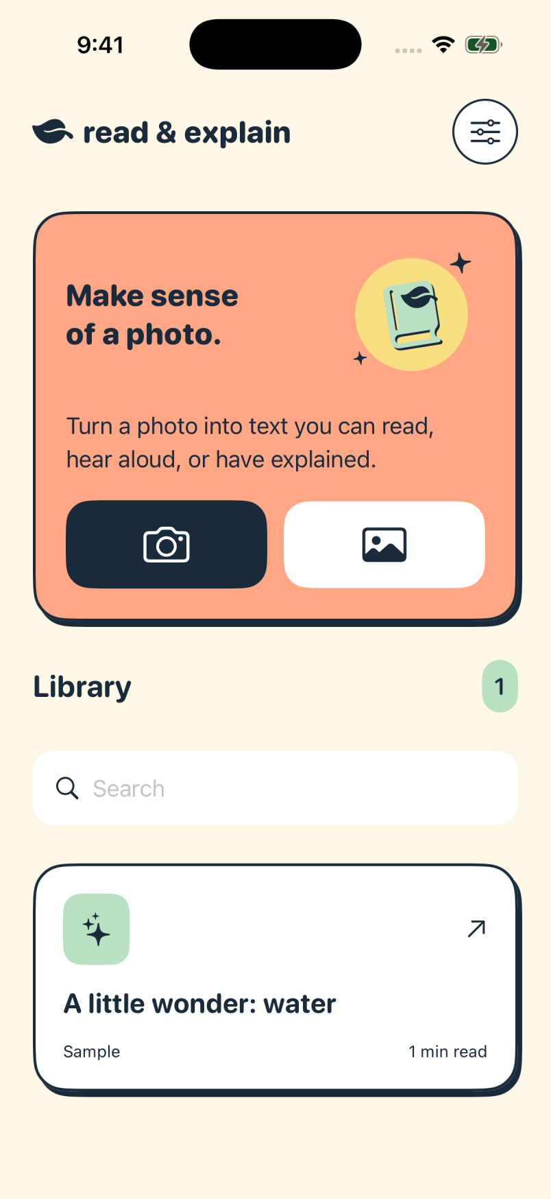 Read & Explain on iPhone: camera and photo buttons above a saved sample reading in the library.