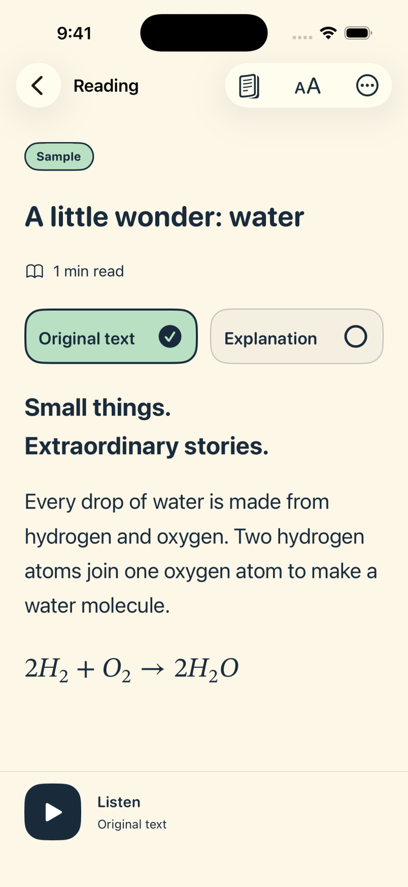Read & Explain on iPhone, showing the sample reading about water with original text, an explanation tab, and a Listen button.