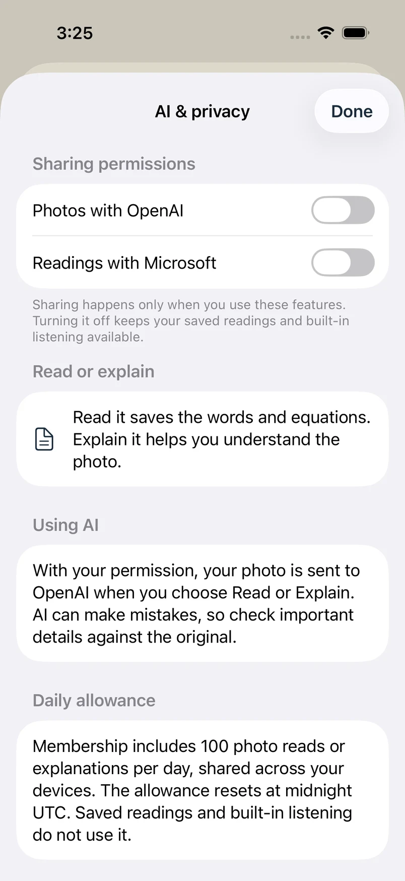 AI & privacy settings with separate Photos with OpenAI and Readings with Microsoft sharing switches.