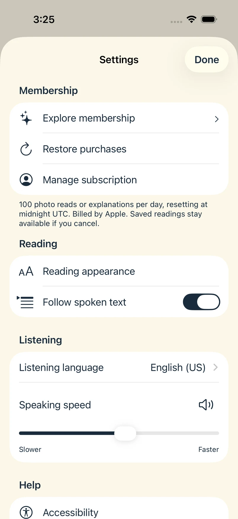 Settings with Explore membership, Restore purchases, and Manage subscription in the Membership section.